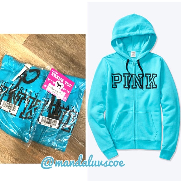 PINK Victoria's Secret Tops - 💕VS PINK TURQUOISE & BLACK LOGO FULL ZIP HOODIE